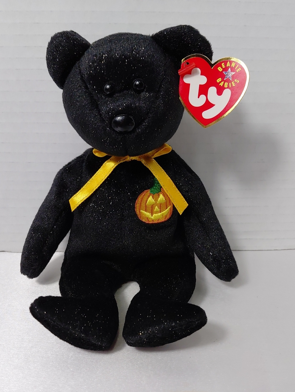 Ty Black Plush 2000 Haunt Bear with Yellow Ribbon and Pumpkin Patch Embroidery